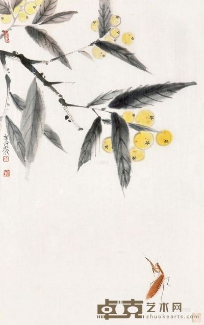 杨立奇 枇杷螳螂图 镜心 <em>60×38cm</em>