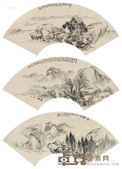 蒙而著 山水扇面 （三帧） 镜框 <em>18×54cm×3</em>