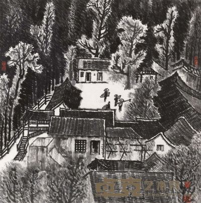 李行简 2001年作 拥翠山乡 镜框 68×68cm
