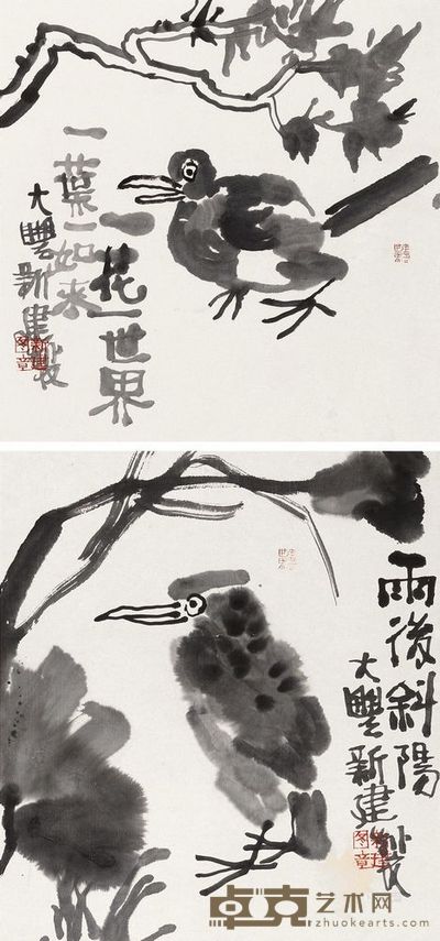 朱新建 花鸟 (二帧) 镜心 34×30cm;34×34cm
