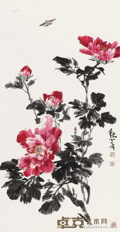 金默如 牡丹蝴蝶 镜心 109.5×57cm