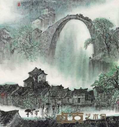 李行简 1990年作 江城春雨 镜框 67×63cm