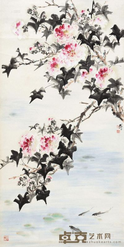 李行百 芙蓉游鱼 立轴 131×66cm