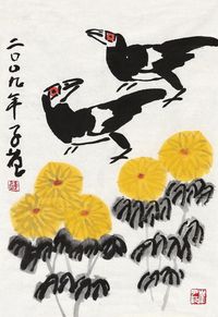 崔子范 2009年作 花鸟 镜心