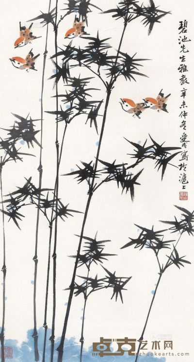 邱受成 辛未（1991）年作 竹雀 镜框 87×47cm