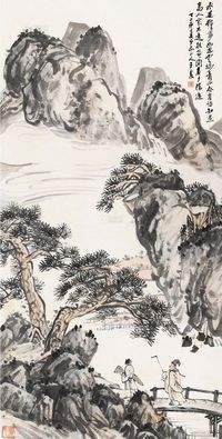 王震 丁巳（1917）年作 携琴访友 立轴