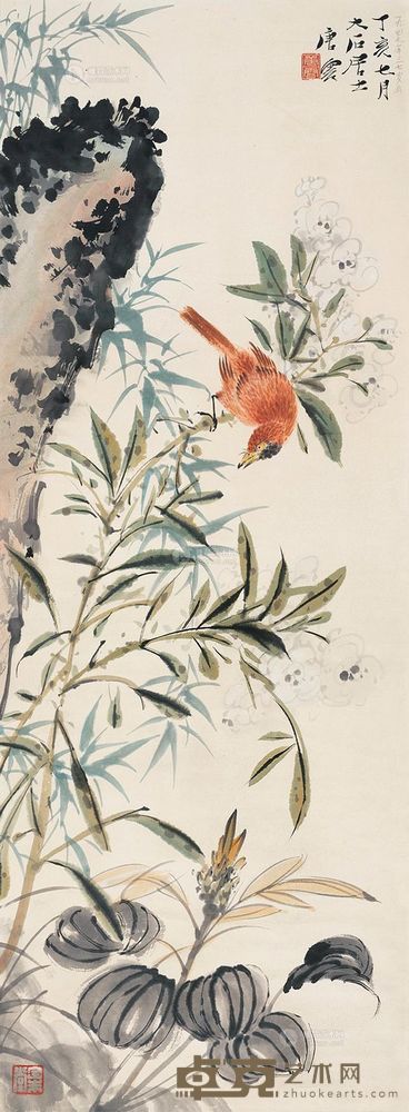 唐云 丁亥（1947）年作 花鸟 立轴 91×33cm