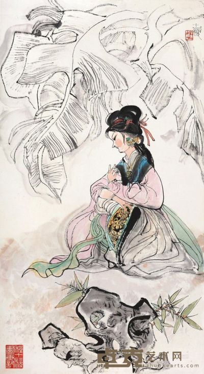 程十发 蕉荫丽人 立轴 87.5×47.5cm