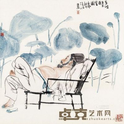 张培成 壬申(1992)年作 消暑图 镜框 67×67cm