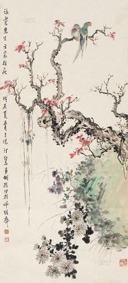 胡汀鹭 戊辰（1928）年作 花鸟 立轴