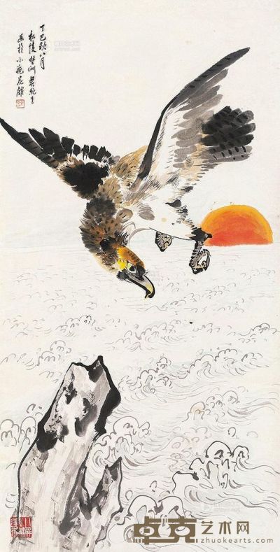 吴野洲 丁巳（1977）年作 鹰击长空 立轴 129.5×65cm
