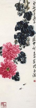 齐良迟 丁卯（1987年）作 草虫花卉 立轴