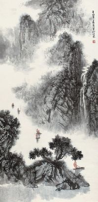 崔森茂 壬戌（1982年）作 峡江帆影 立轴