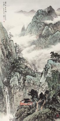 施江城 丁亥（2007年）作 翠峰云起图 镜心