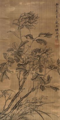张兆祥 丙午（1906年）作 白描牡丹 立轴