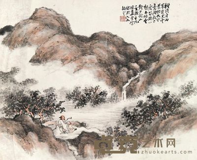 曹标 溪山观瀑 立轴 32×39cm