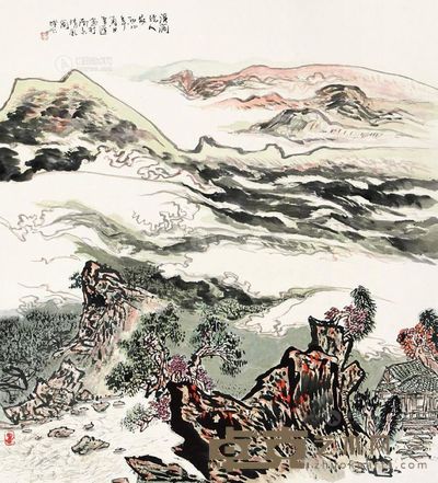 鲁迟 溪涧人家 镜片 83×75cm