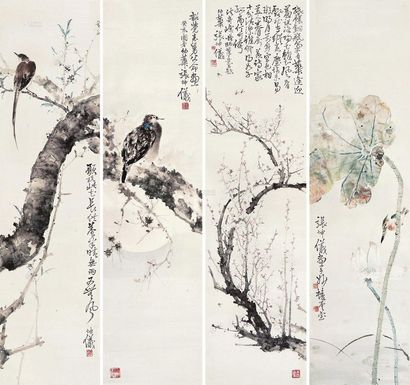 张坤仪 1923年作 花鸟 四屏镜心