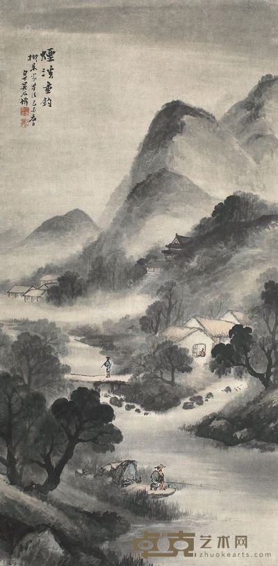 吴石僊 1909年作 烟溪垂钓 立轴 130×64cm