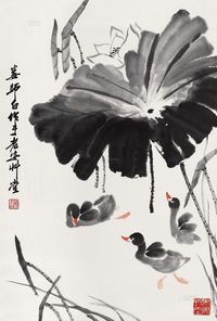 娄师白 清荷小鸭 立轴