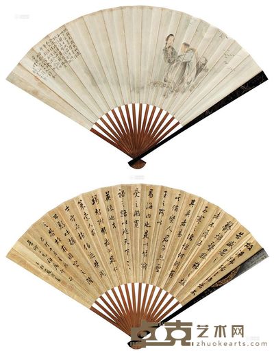 钱慧安 夏同善 1881年作、1879年作 人物 书法 成扇 19×49cm