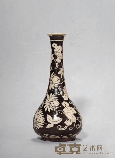 南宋 吉州窑 彩绘荷莲长颈瓶 高17cm