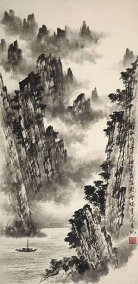 傅有叶 烟江行舟 立轴