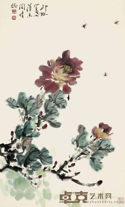 萧朗 牡丹蜜蜂 镜心 77×48cm