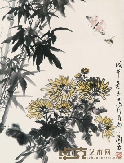李兰若 1978年作 竹菊草虫图 立轴 45×34cm