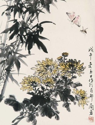 李兰若 1978年作 竹菊草虫图 立轴