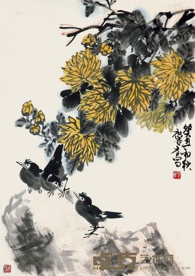 许麟庐 1973年作 菊石八哥 镜心 81×58cm