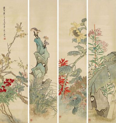 任薰 1890年作 花卉 四屏立轴