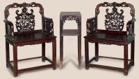 清 红木雕狮纹太师椅 （3件）