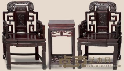 现代 红木雕狮纹太师椅 （3件） 69×53×105cm 48×74×48cm