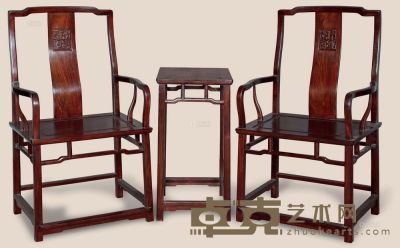 现代 红木雕夔龙官帽椅 （3件） 61×48×109cm 46×39×75cm