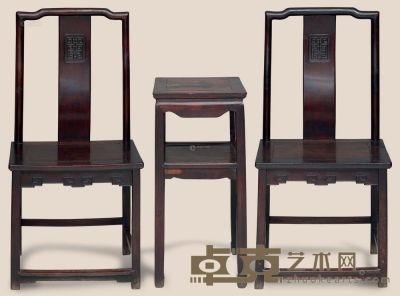 清 红木雕团寿靠背椅 （3件） 53×43×108cm 39×39×79cm