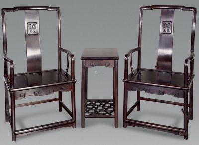 现代 红木雕团寿官帽椅 （3件）