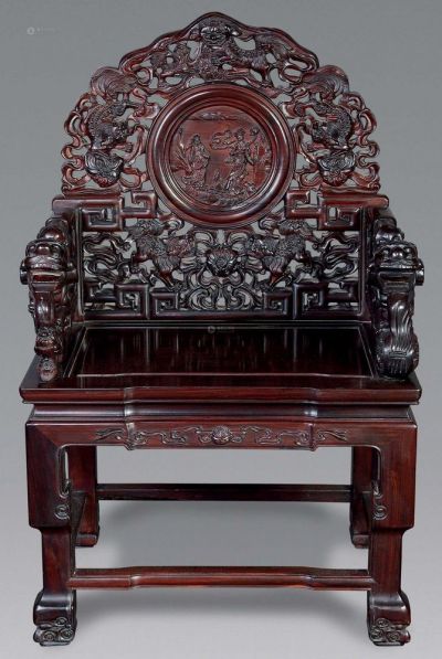 现代 红木雕狮纹太师椅