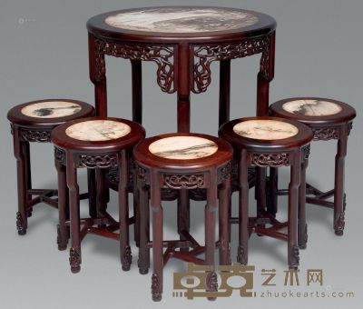 清 红木嵌大理石绳纹圆桌 （6件） 77×81cm 33×49cm