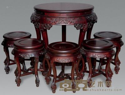 现代 红木雕云龙圆桌 （6件） 77×85cm 36×50cm
