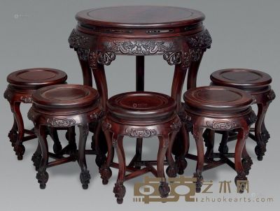 现代 红木雕龙纹圆桌 （6件） 80×85cm 36×49cm