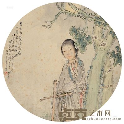 钱慧安 戊申（1908）年作 梧桐树下 立轴 直径37.5cm