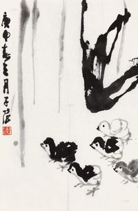 崔子范 庚申（1980）年作 雏鸡 镜心