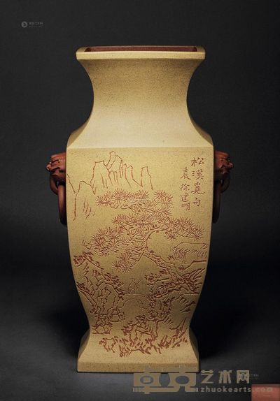 徐建明 刻松下策杖紫砂双耳瓶 高41cm