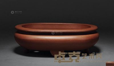 爱闲老人刻款 蒲包口椭圆形盆 高6.8cm;宽20.5cm