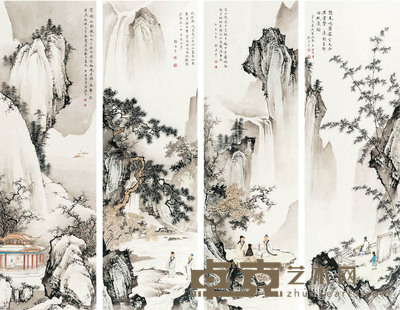 张洪千 山水人物四条屏 101×31×4