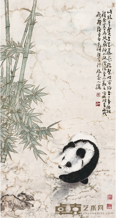 张其翼（孙其峰题款） 熊猫竹子 73.5×39 cm