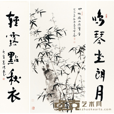 霍春阳 四时风雨得清音、书法对联 135×67cm、136×33.5cm×2