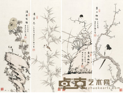 霍岩 花鸟四条屏 100×33 cm×4