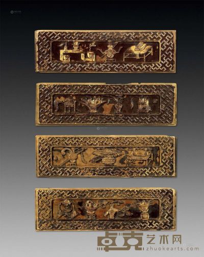 清 金丝楠木雕博古板 （4件） 51×15cm